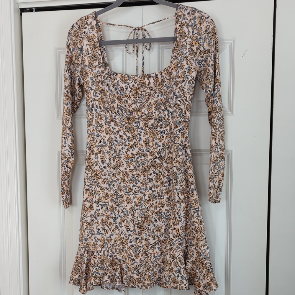 Free People Blue Cream Ruched Ruffled Mini Dress